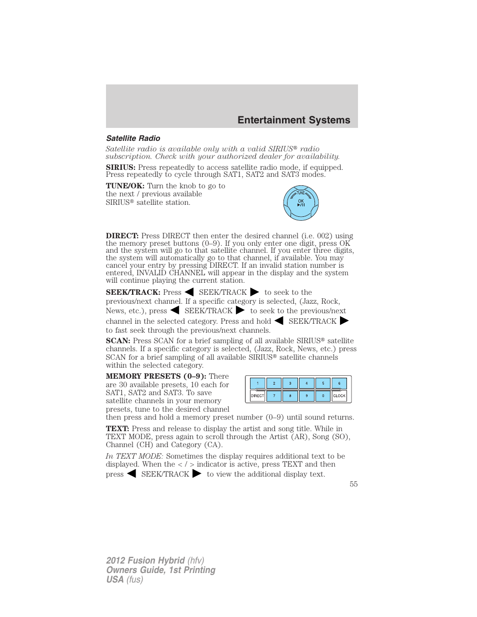 Satellite radio, Entertainment systems | FORD 2012 Fusion Hybrid User Manual | Page 55 / 347