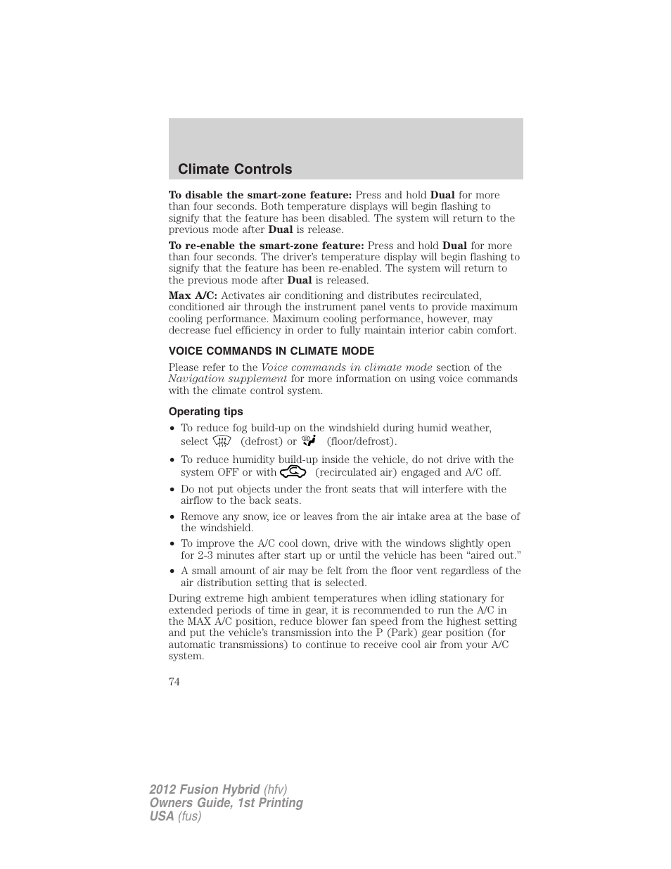 Voice commands in climate mode, Operating tips, Climate controls | FORD 2012 Fusion Hybrid User Manual | Page 74 / 347