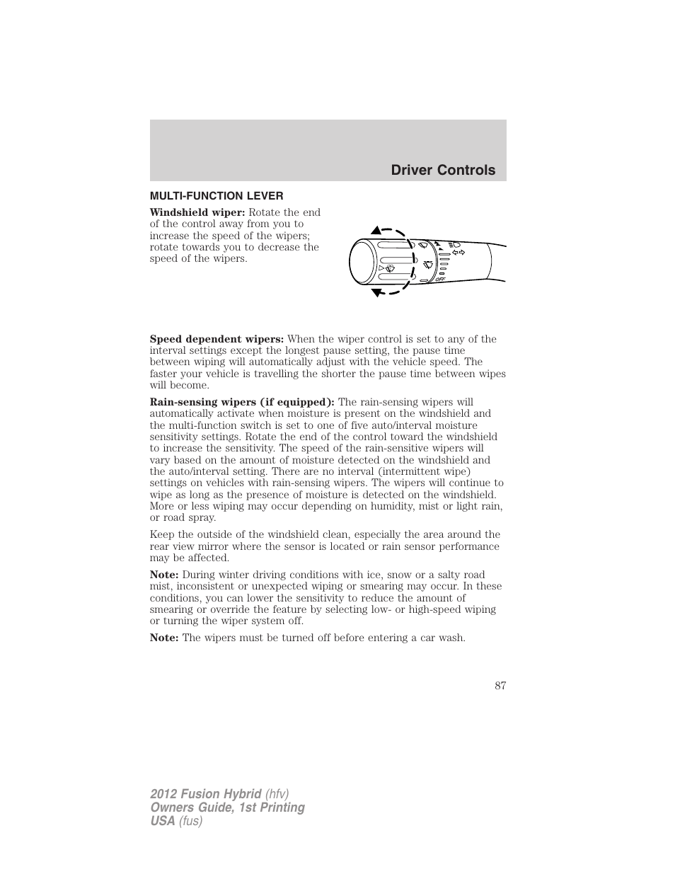 Driver controls, Multi-function lever, Windshield wiper/washer control | FORD 2012 Fusion Hybrid User Manual | Page 87 / 347