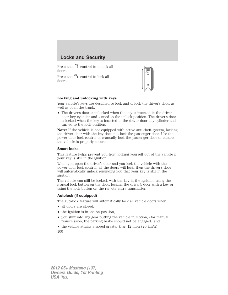 Smart locks, Autolock (if equipped), Locks and security | FORD 2012 Shelby GT 500 v.1 User Manual | Page 100 / 346