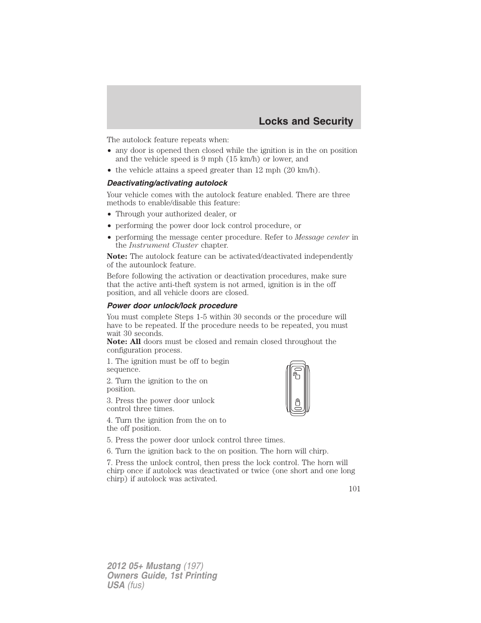 Deactivating/activating autolock, Power door unlock/lock procedure, Locks and security | FORD 2012 Shelby GT 500 v.1 User Manual | Page 101 / 346