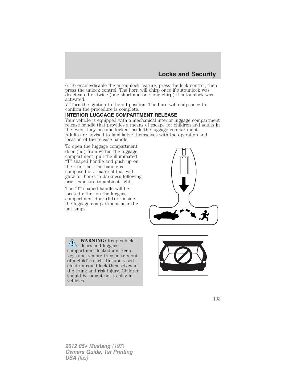 Interior luggage compartment release, Locks and security | FORD 2012 Shelby GT 500 v.1 User Manual | Page 103 / 346