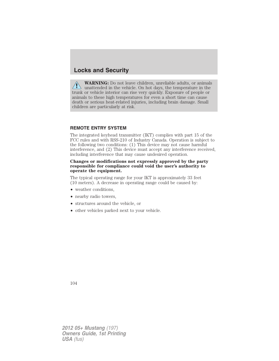 Remote entry system, Locks and security | FORD 2012 Shelby GT 500 v.1 User Manual | Page 104 / 346