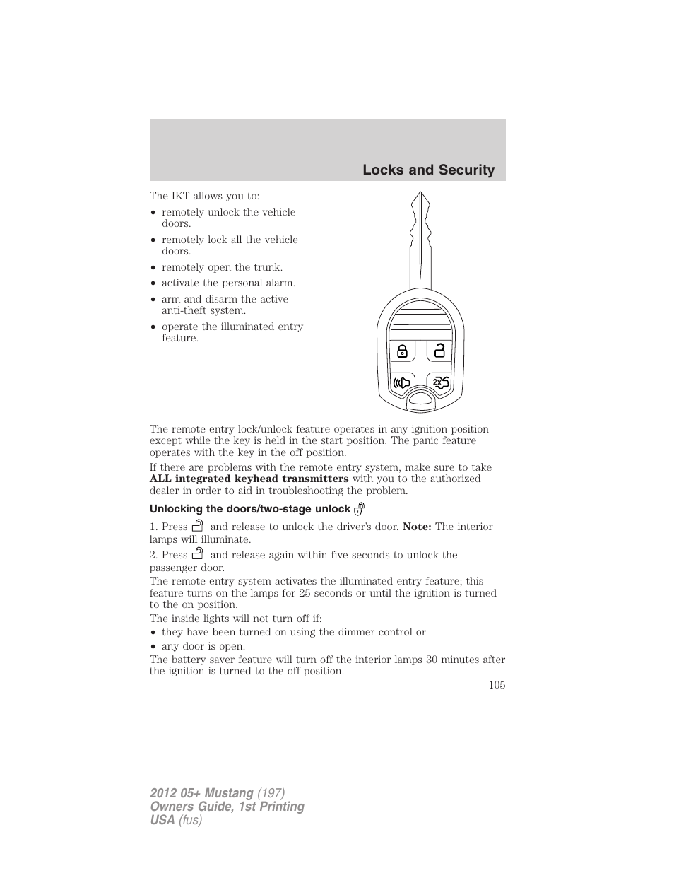 Unlocking the doors/two-stage unlock, Locks and security | FORD 2012 Shelby GT 500 v.1 User Manual | Page 105 / 346