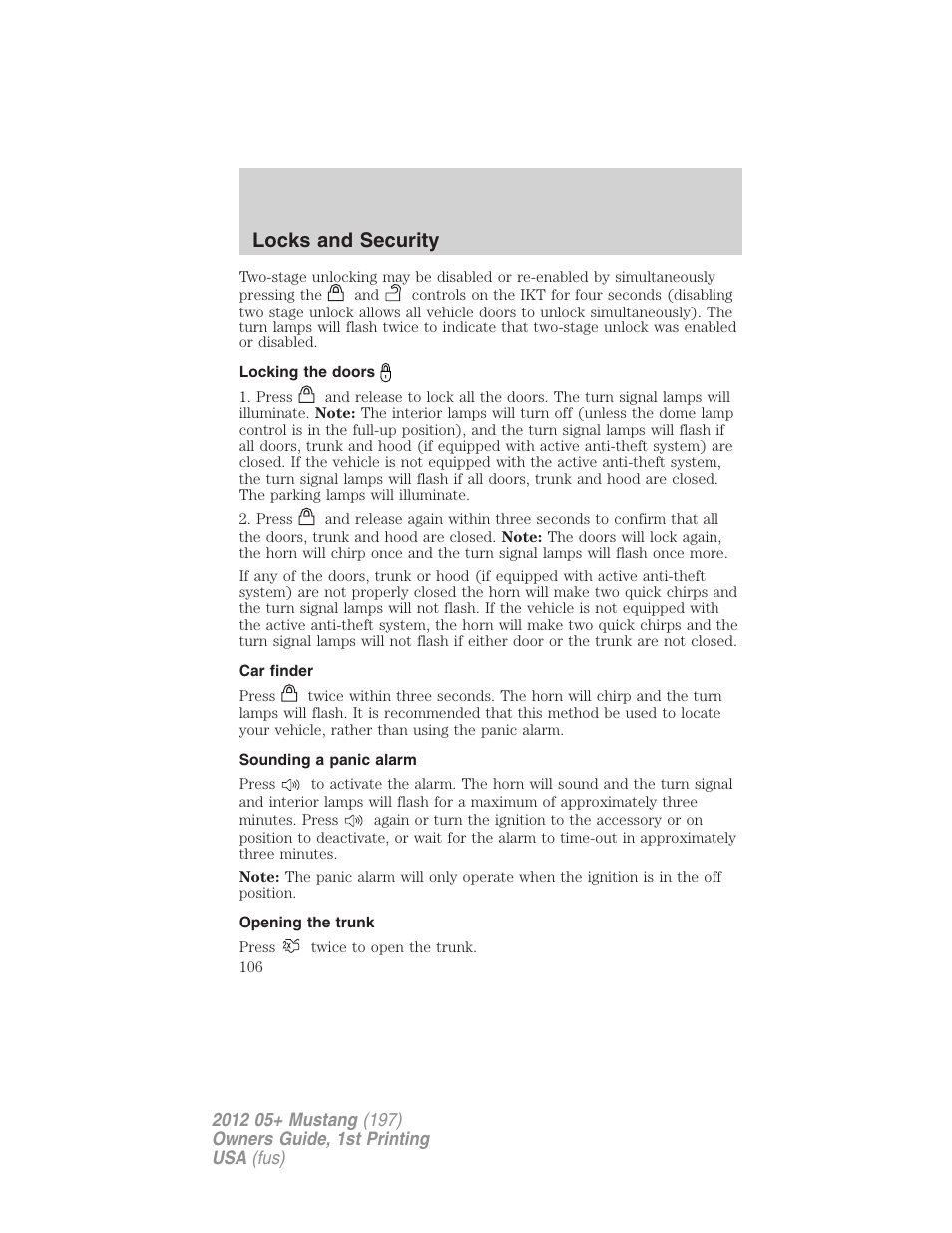 Locking the doors, Car finder, Sounding a panic alarm | Opening the trunk, Locks and security | FORD 2012 Shelby GT 500 v.1 User Manual | Page 106 / 346