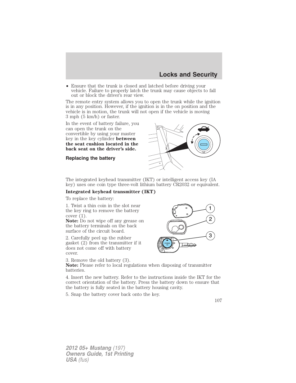 Replacing the battery, Locks and security | FORD 2012 Shelby GT 500 v.1 User Manual | Page 107 / 346
