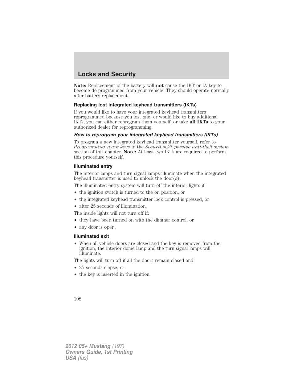 Illuminated entry, Illuminated exit, Locks and security | FORD 2012 Shelby GT 500 v.1 User Manual | Page 108 / 346