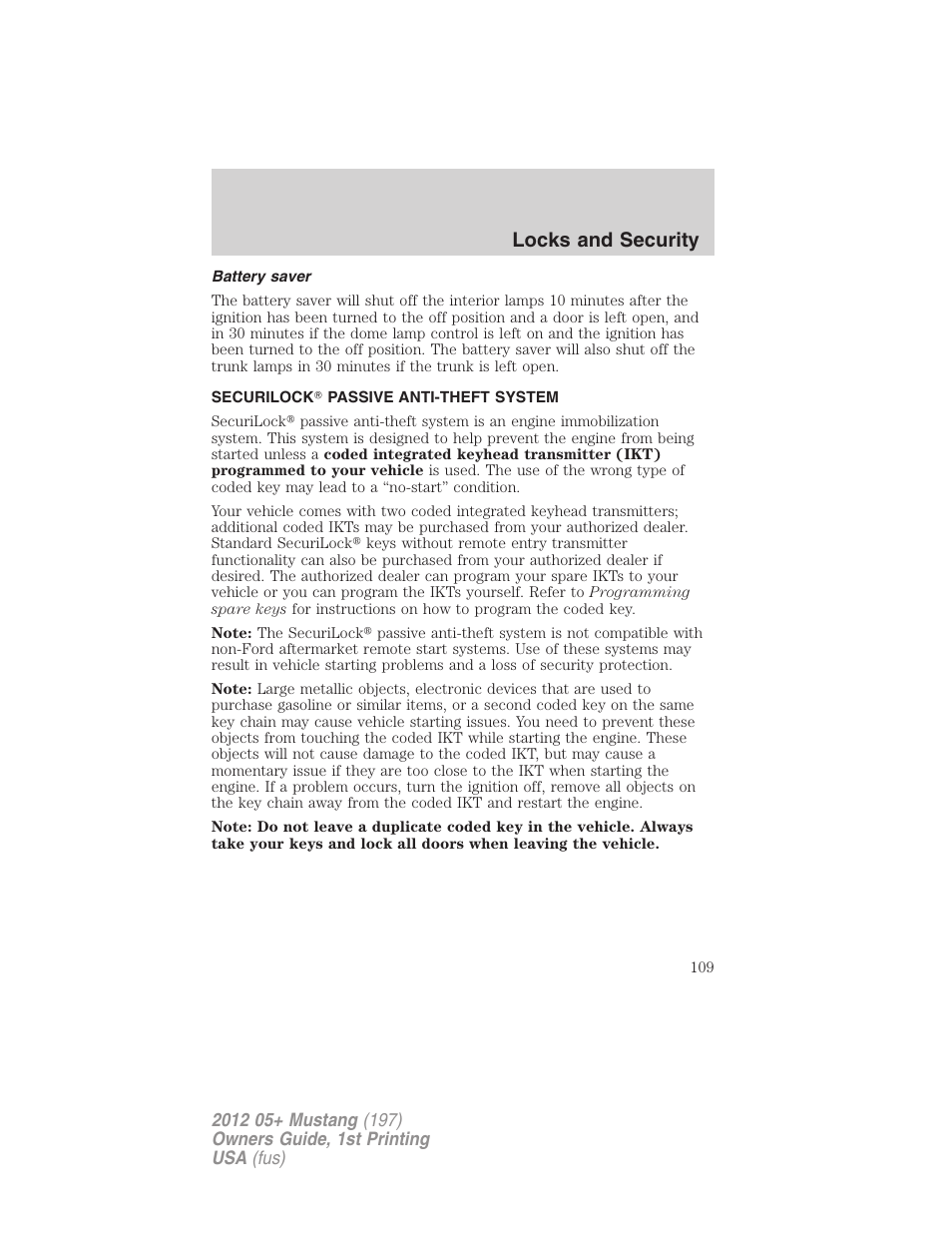 Battery saver, Securilock passive anti-theft system, Anti-theft system | Locks and security | FORD 2012 Shelby GT 500 v.1 User Manual | Page 109 / 346