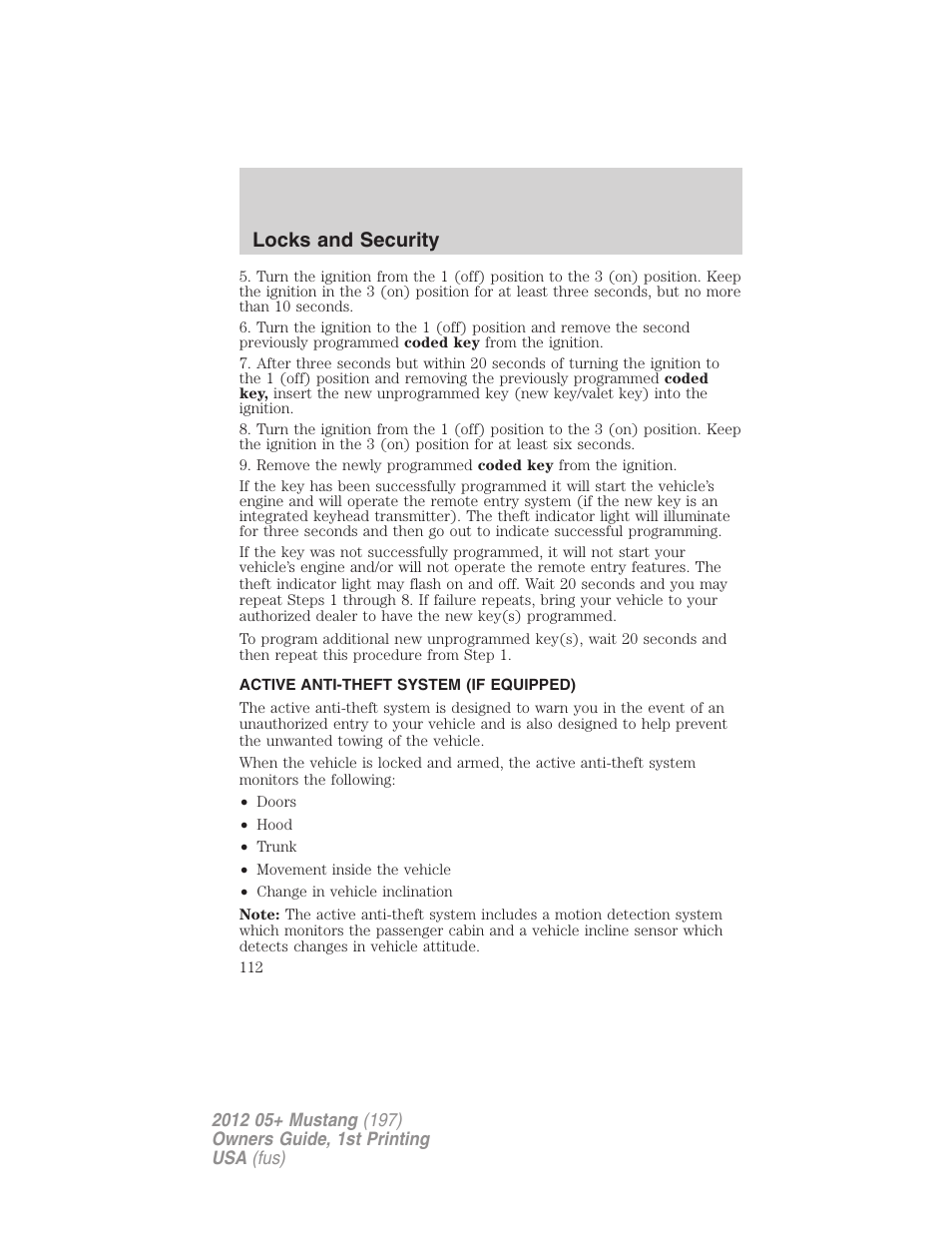 Active anti-theft system (if equipped), Locks and security | FORD 2012 Shelby GT 500 v.1 User Manual | Page 112 / 346