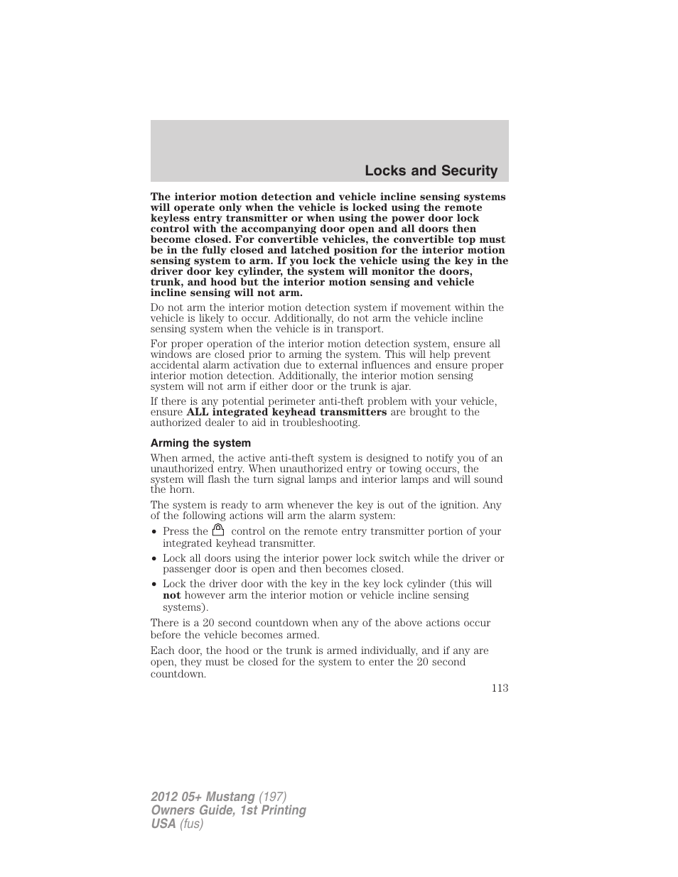 Arming the system, Locks and security | FORD 2012 Shelby GT 500 v.1 User Manual | Page 113 / 346