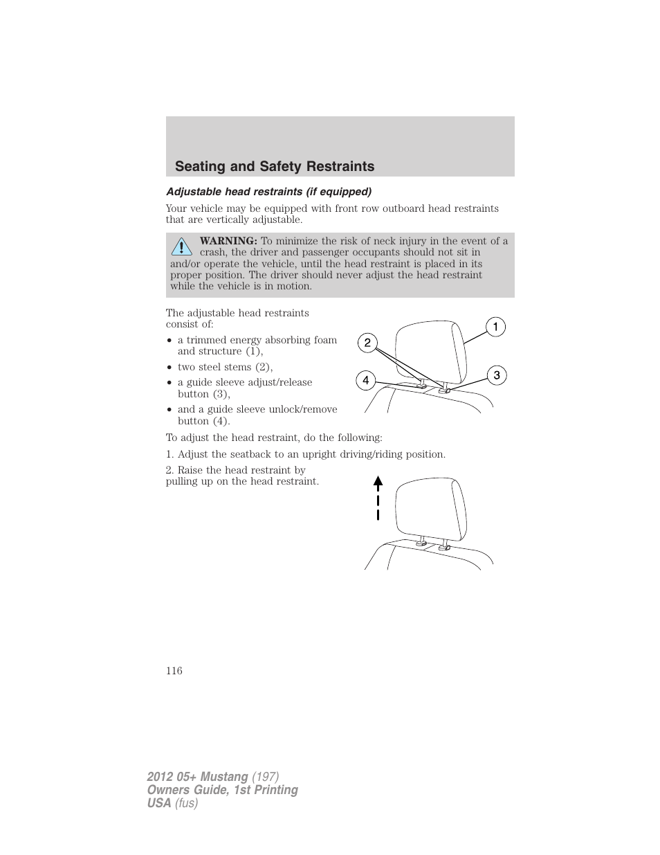 Adjustable head restraints (if equipped), Seating and safety restraints | FORD 2012 Shelby GT 500 v.1 User Manual | Page 116 / 346