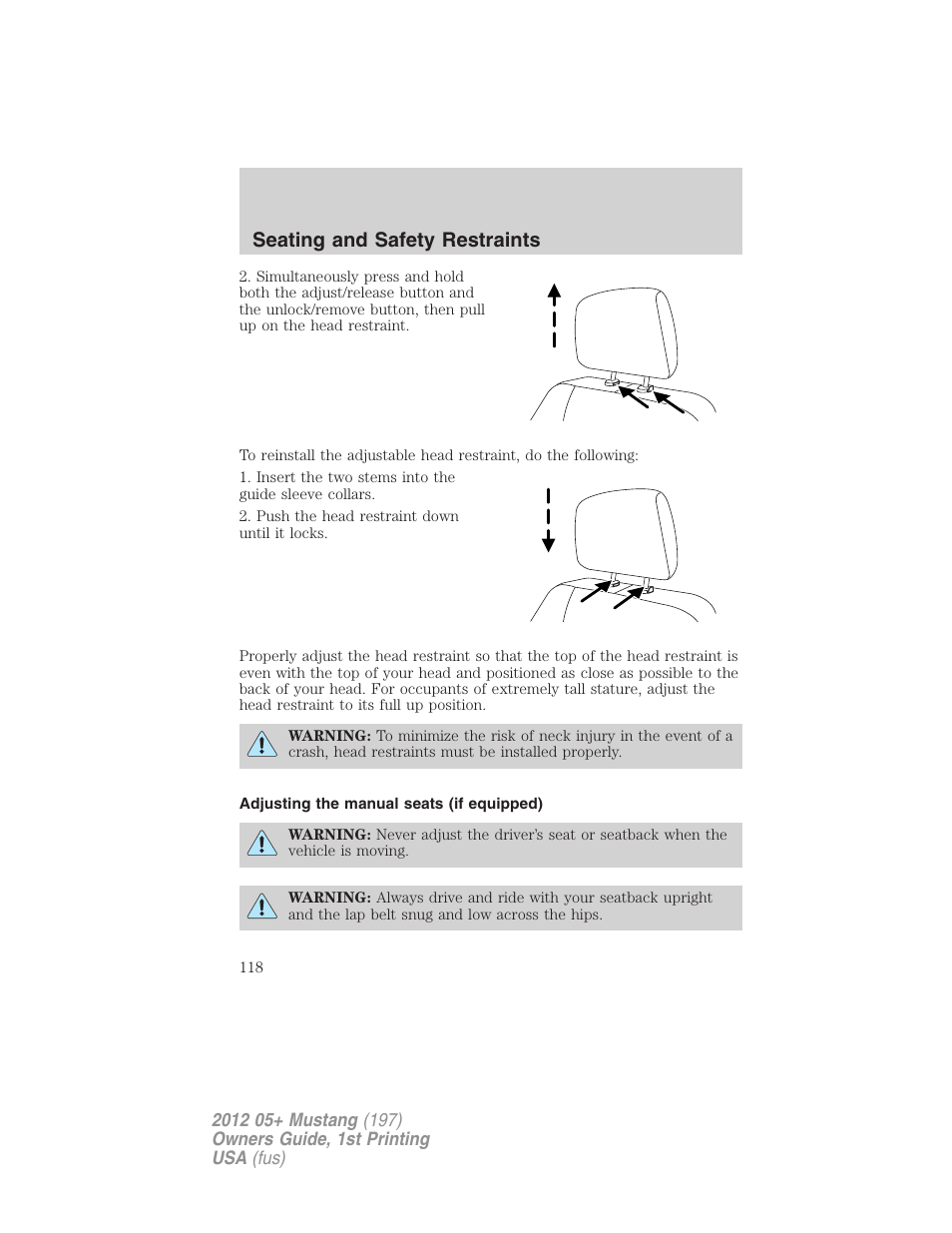 Adjusting the manual seats (if equipped), Seating and safety restraints | FORD 2012 Shelby GT 500 v.1 User Manual | Page 118 / 346