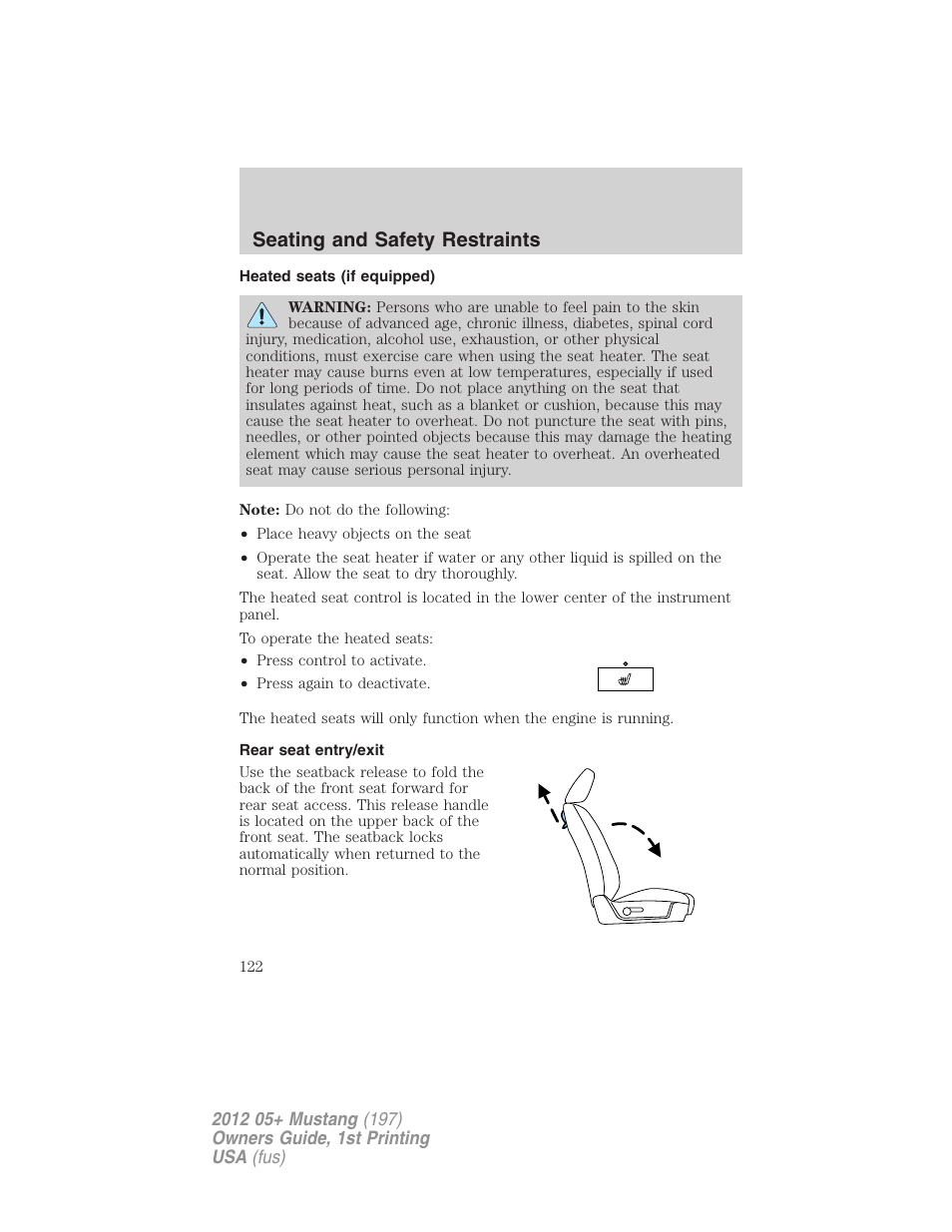 Heated seats (if equipped), Rear seat entry/exit, Seating and safety restraints | FORD 2012 Shelby GT 500 v.1 User Manual | Page 122 / 346