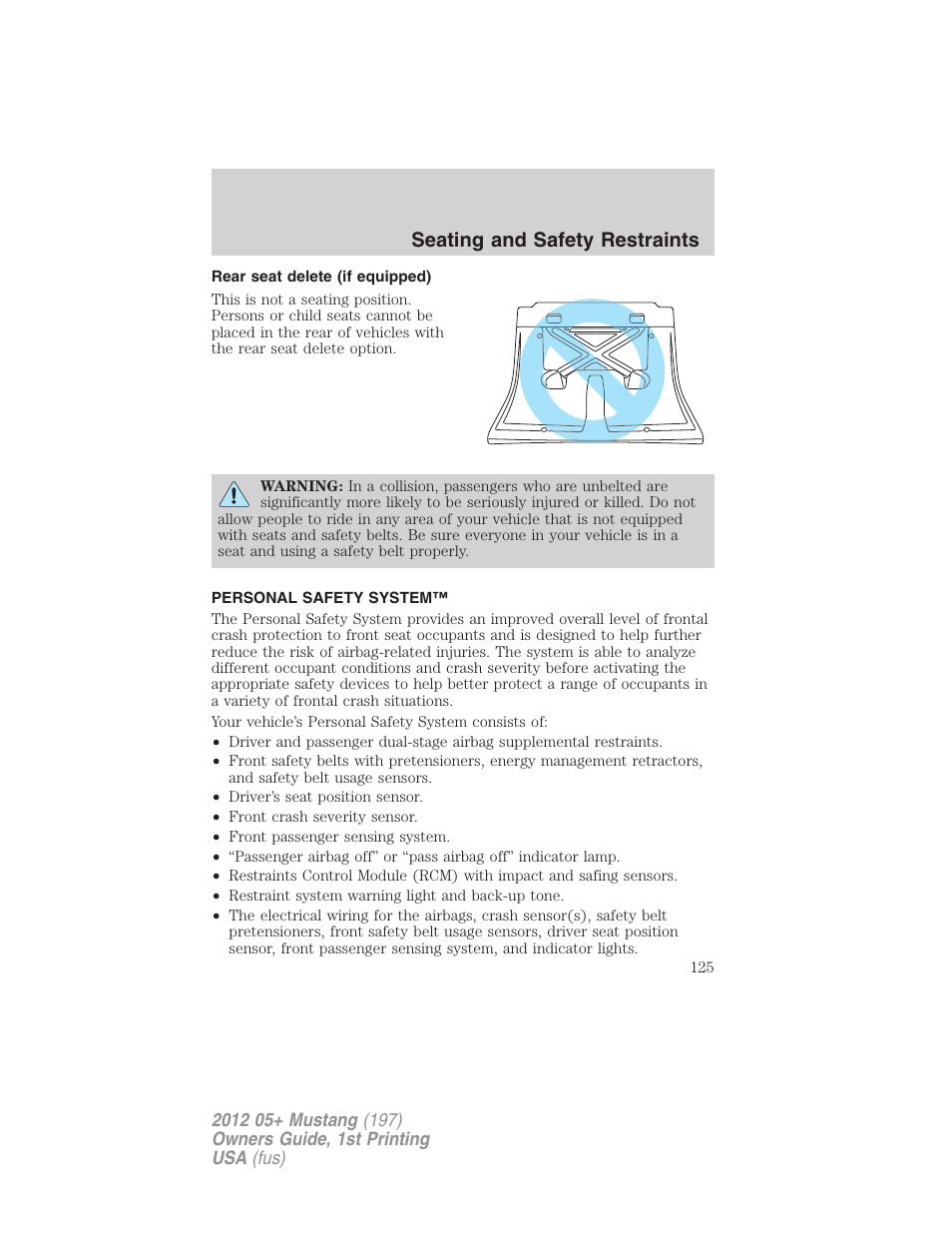 Rear seat delete (if equipped), Personal safety system, Seating and safety restraints | FORD 2012 Shelby GT 500 v.1 User Manual | Page 125 / 346
