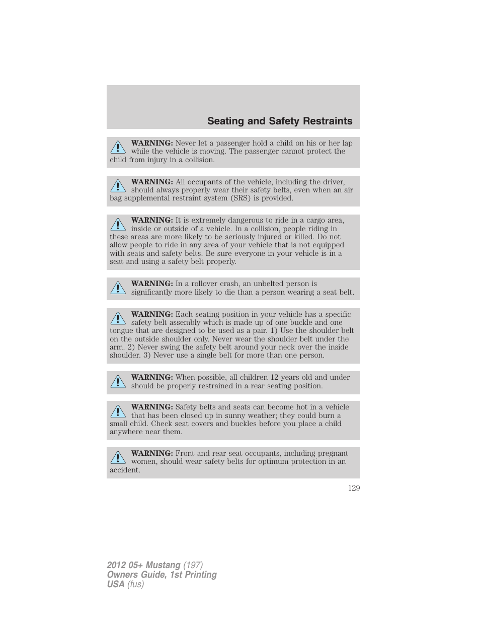 Seating and safety restraints | FORD 2012 Shelby GT 500 v.1 User Manual | Page 129 / 346