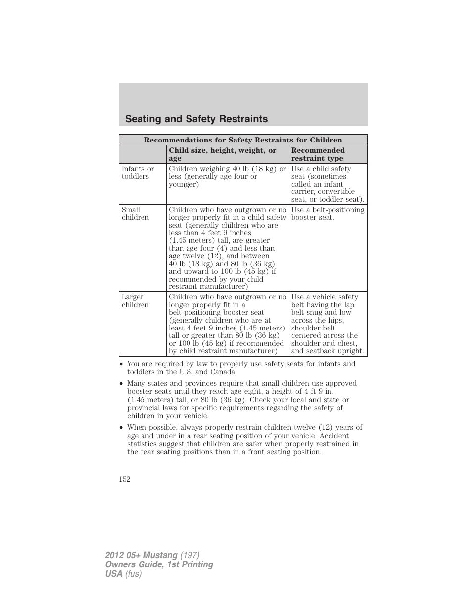Seating and safety restraints | FORD 2012 Shelby GT 500 v.1 User Manual | Page 152 / 346