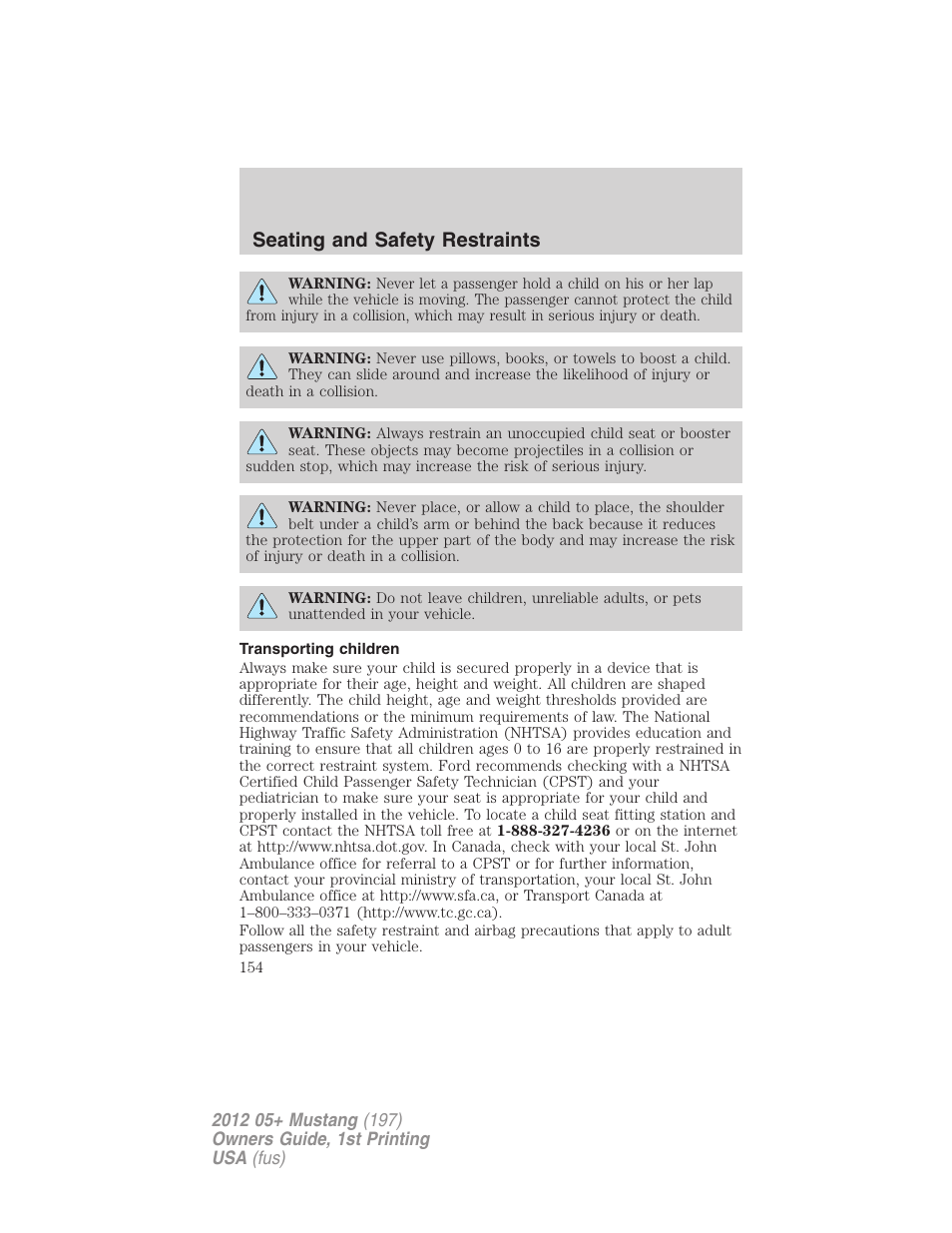 Transporting children, Seating and safety restraints | FORD 2012 Shelby GT 500 v.1 User Manual | Page 154 / 346