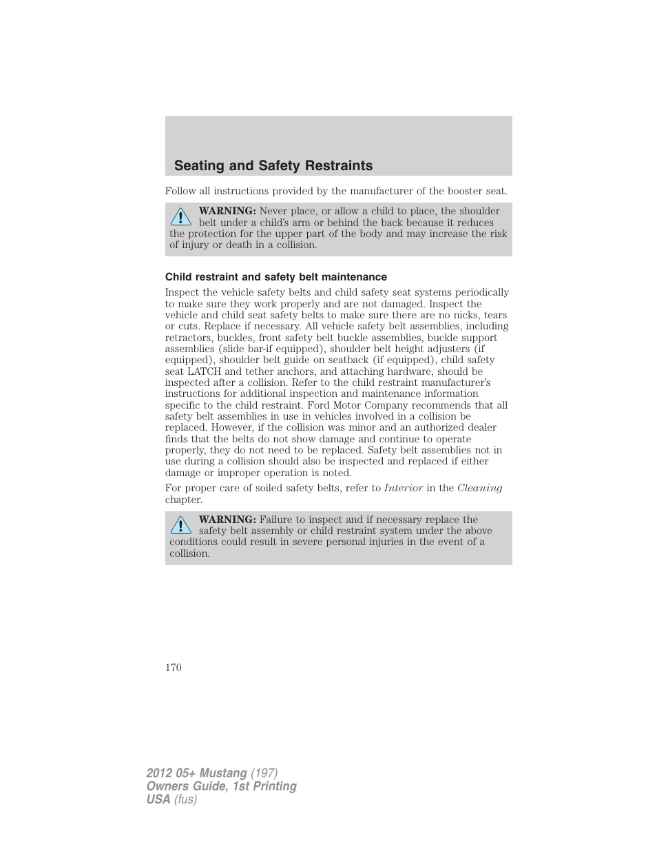 Child restraint and safety belt maintenance, Seating and safety restraints | FORD 2012 Shelby GT 500 v.1 User Manual | Page 170 / 346
