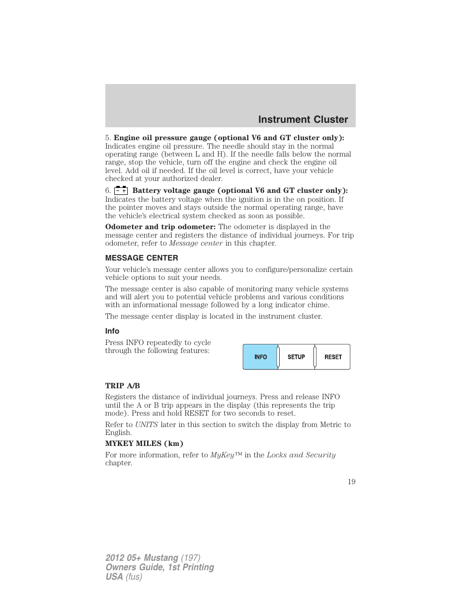 Message center, Info, Instrument cluster | FORD 2012 Shelby GT 500 v.1 User Manual | Page 19 / 346