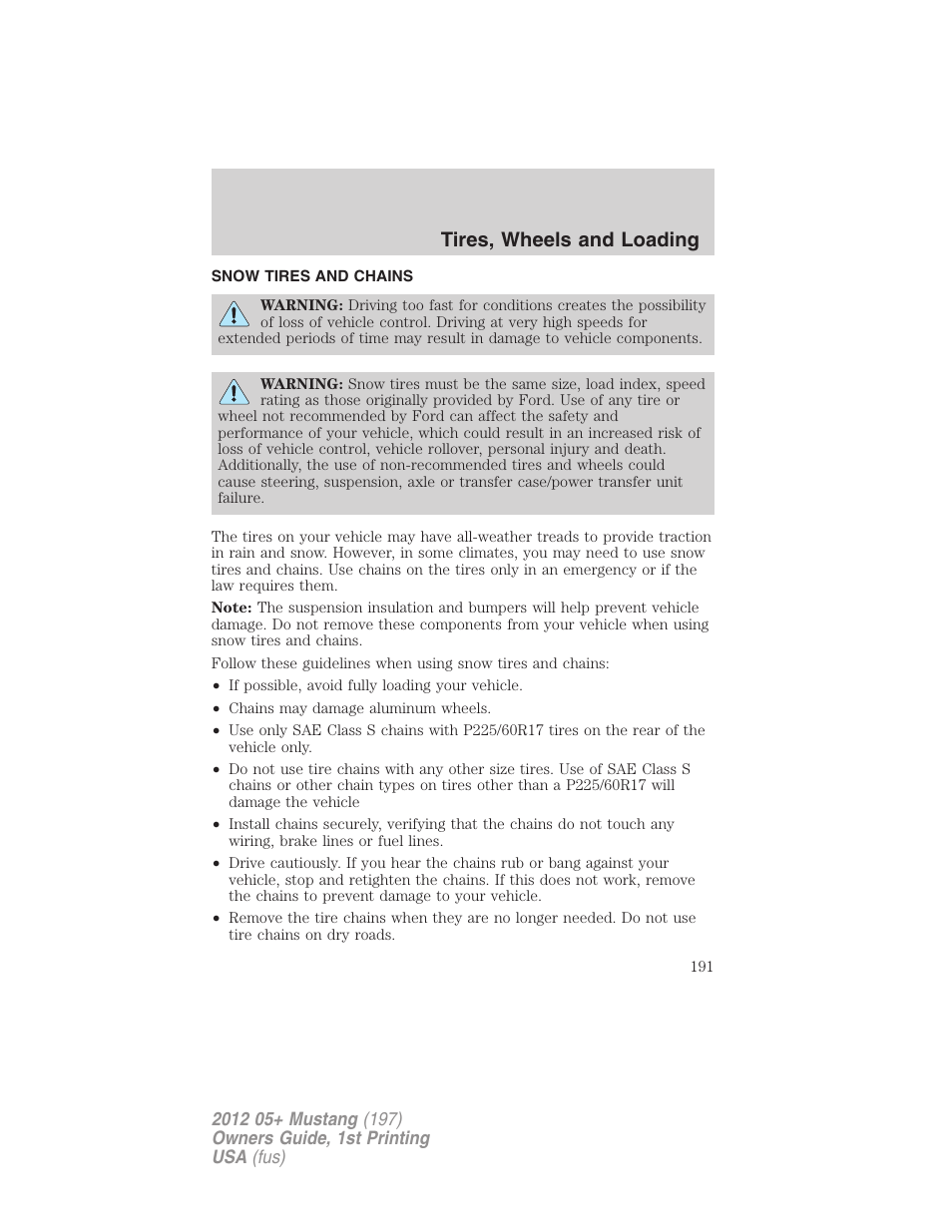 Snow tires and chains, Tires, wheels and loading | FORD 2012 Shelby GT 500 v.1 User Manual | Page 191 / 346