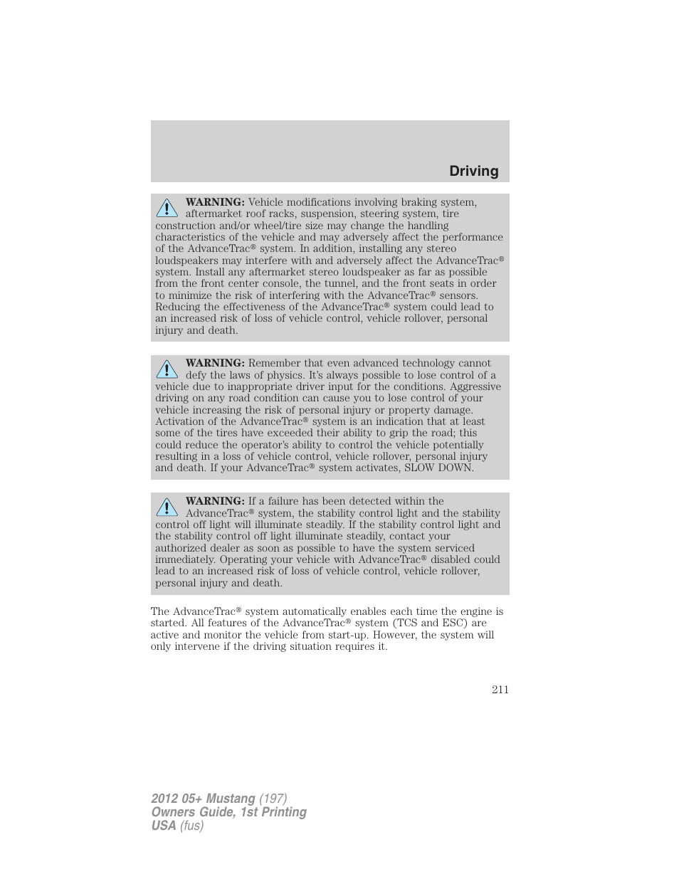 Driving | FORD 2012 Shelby GT 500 v.1 User Manual | Page 211 / 346
