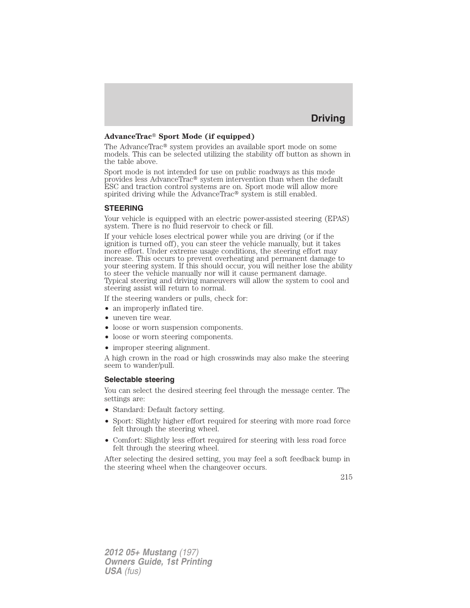 Steering, Selectable steering, Driving | FORD 2012 Shelby GT 500 v.1 User Manual | Page 215 / 346
