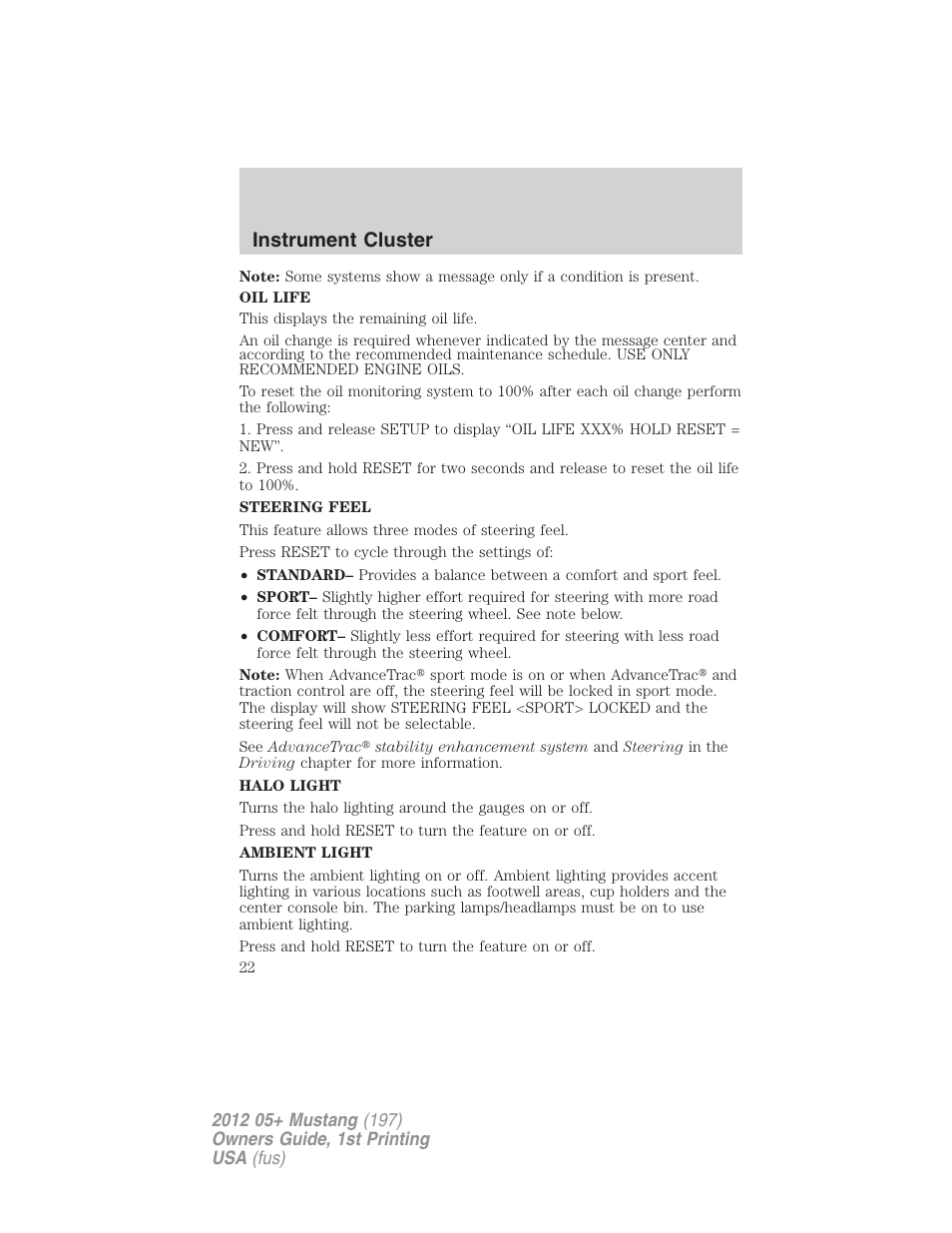 Instrument cluster | FORD 2012 Shelby GT 500 v.1 User Manual | Page 22 / 346