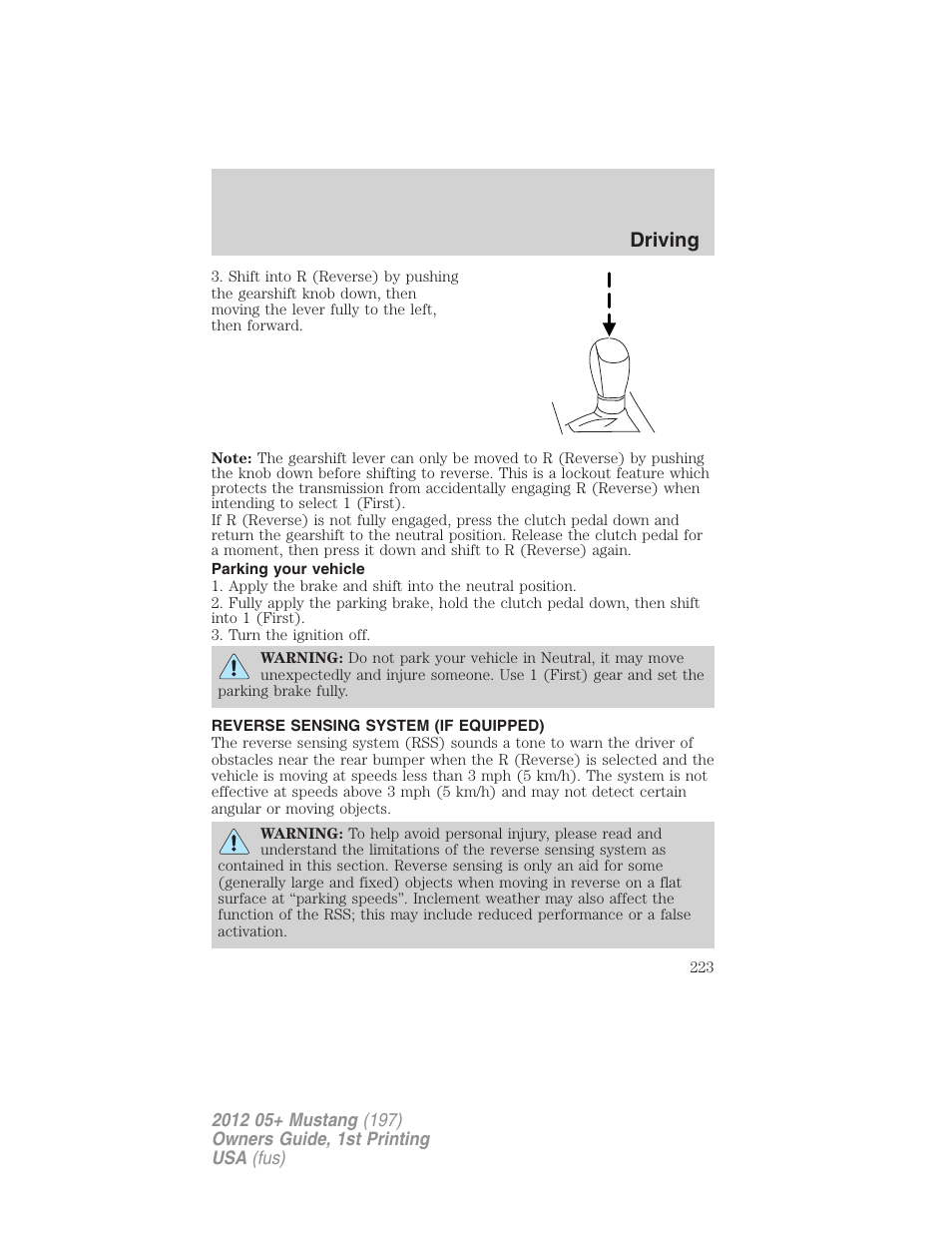 Parking your vehicle, Reverse sensing system (if equipped), Reverse sensing system | Driving | FORD 2012 Shelby GT 500 v.1 User Manual | Page 223 / 346