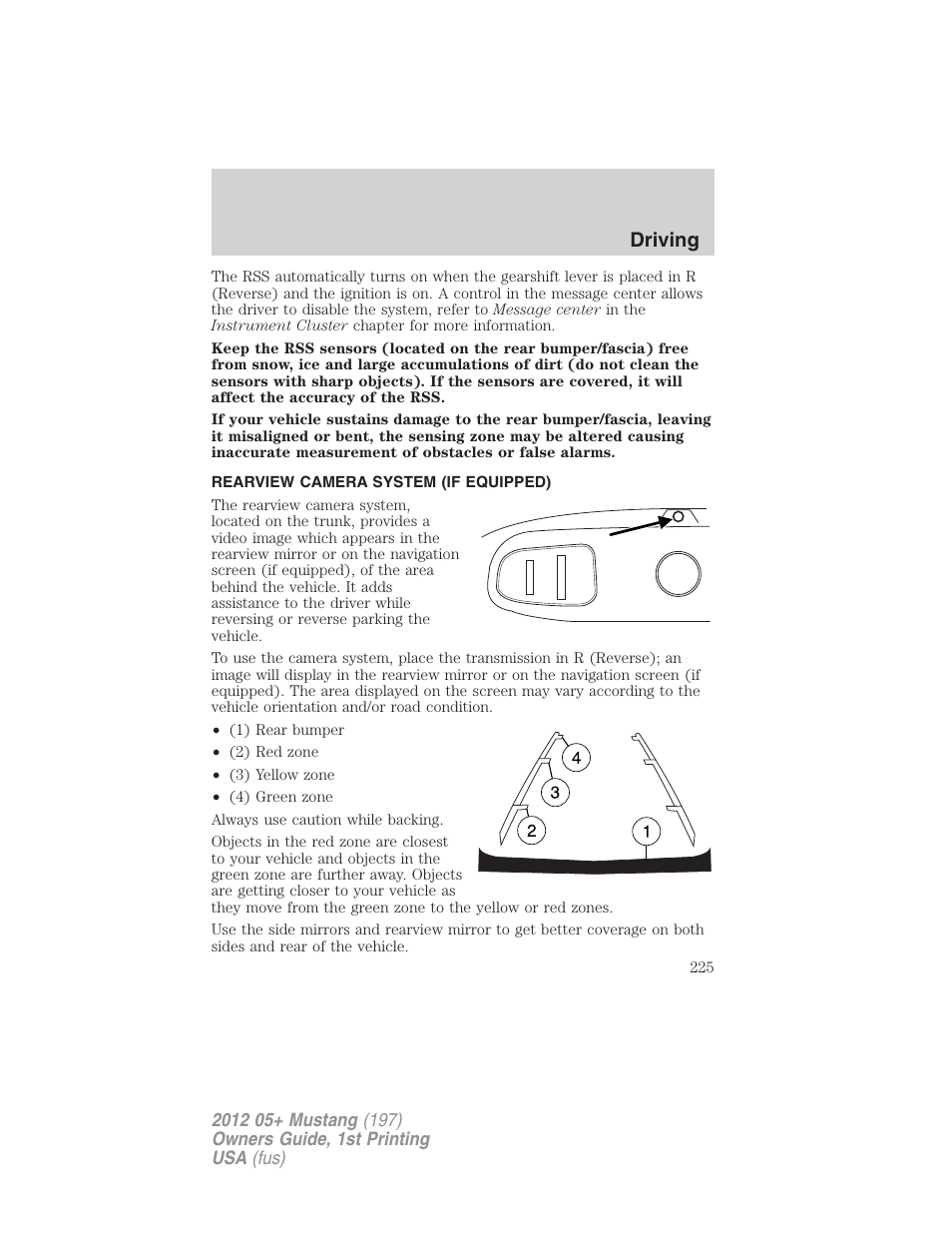 Rearview camera system (if equipped), Rear-view camera system, Driving | FORD 2012 Shelby GT 500 v.1 User Manual | Page 225 / 346