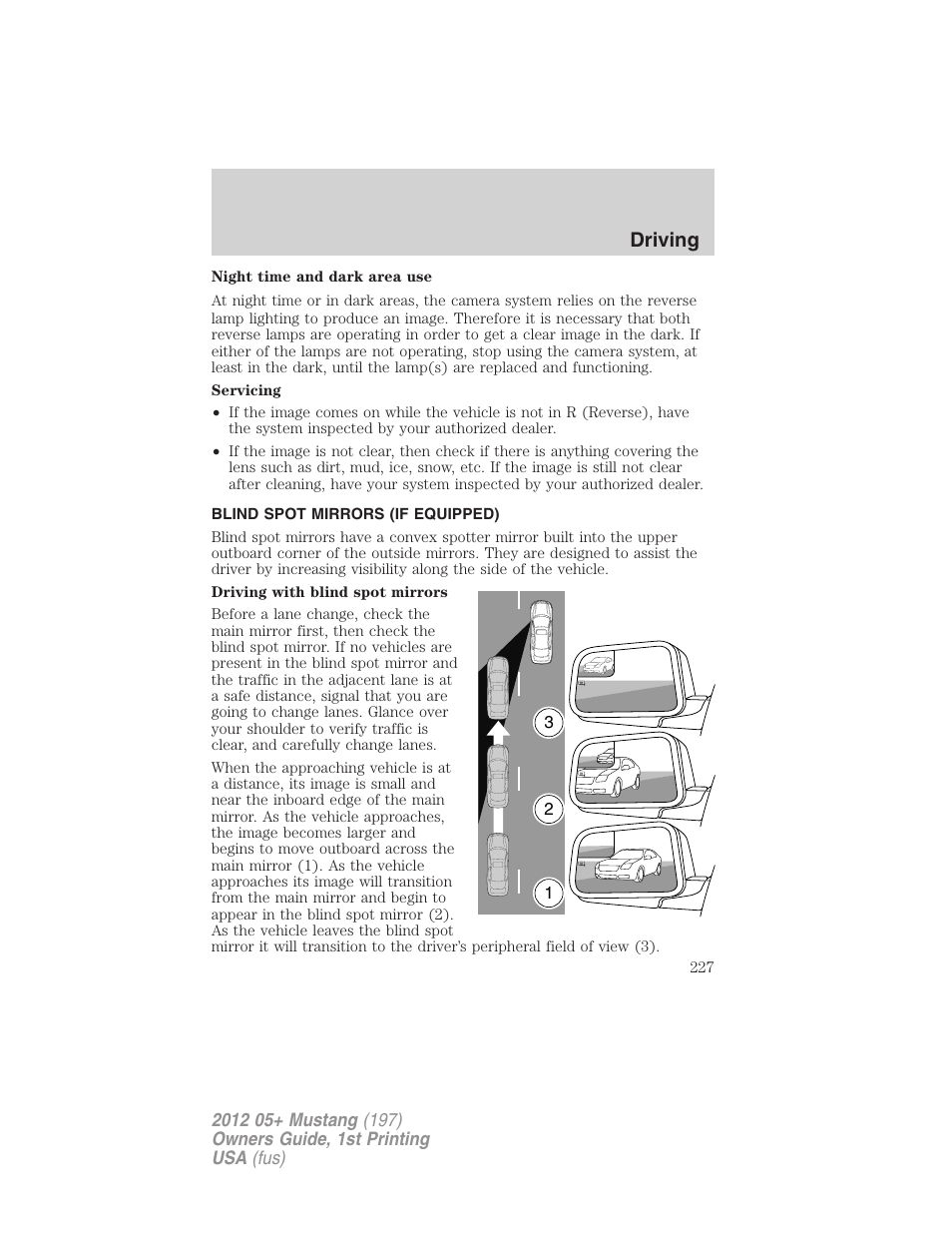 Blind spot mirrors (if equipped), Driving | FORD 2012 Shelby GT 500 v.1 User Manual | Page 227 / 346