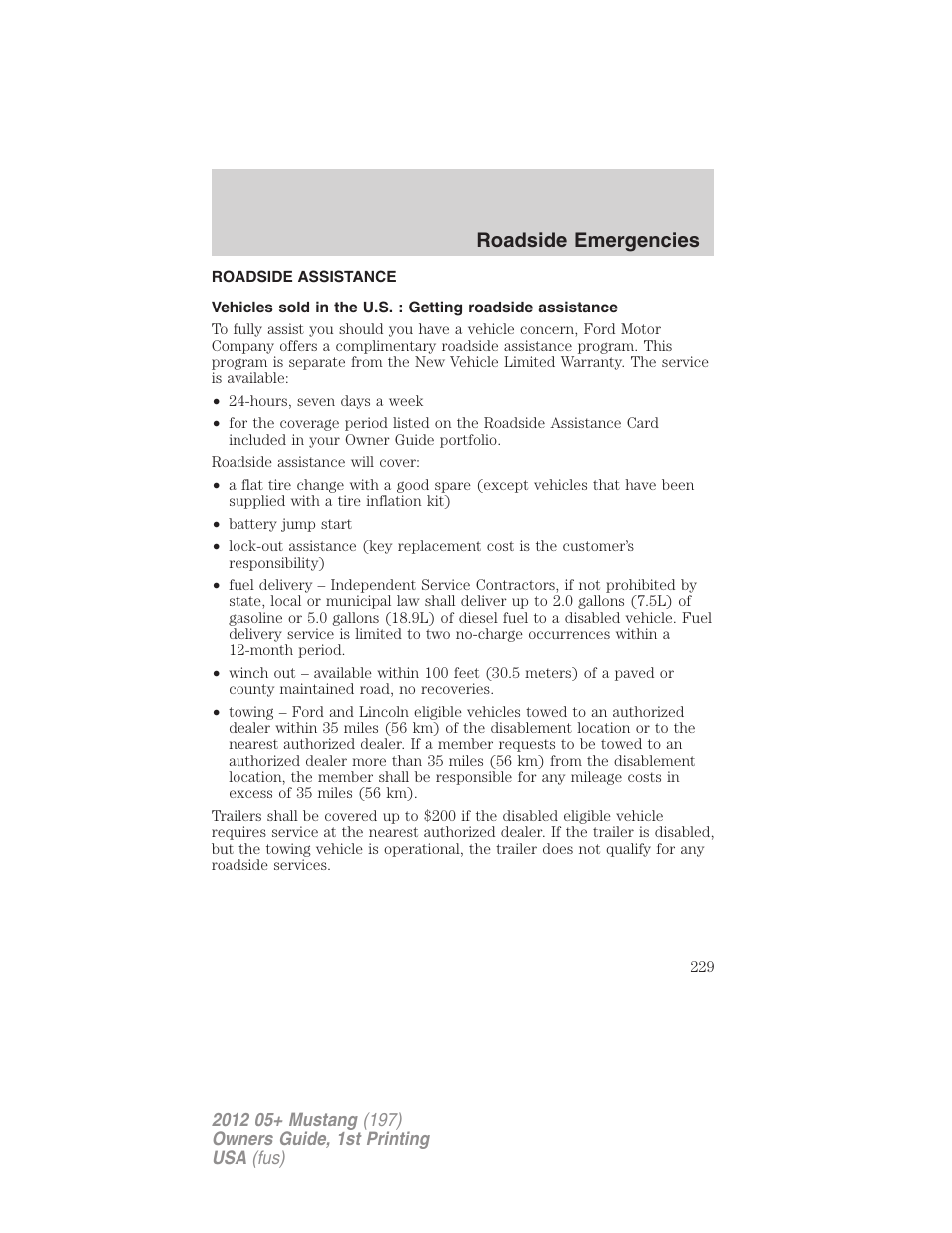 Roadside emergencies, Roadside assistance, Getting roadside assistance | FORD 2012 Shelby GT 500 v.1 User Manual | Page 229 / 346