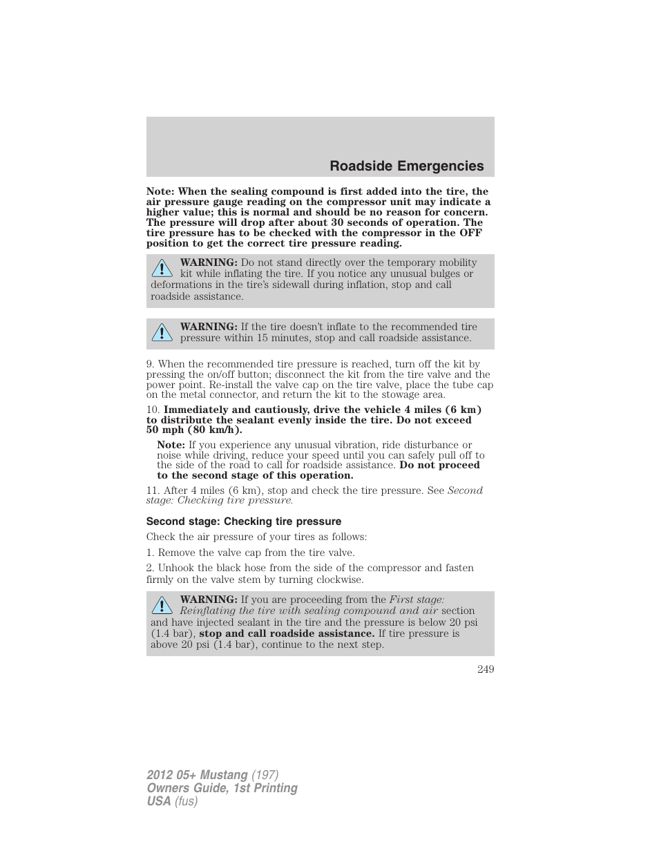 Second stage: checking tire pressure, Roadside emergencies | FORD 2012 Shelby GT 500 v.1 User Manual | Page 249 / 346