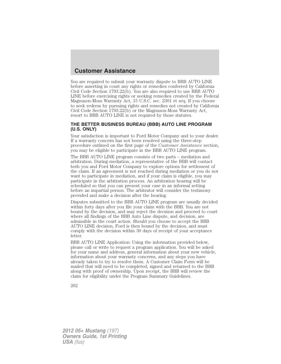 Customer assistance | FORD 2012 Shelby GT 500 v.1 User Manual | Page 262 / 346