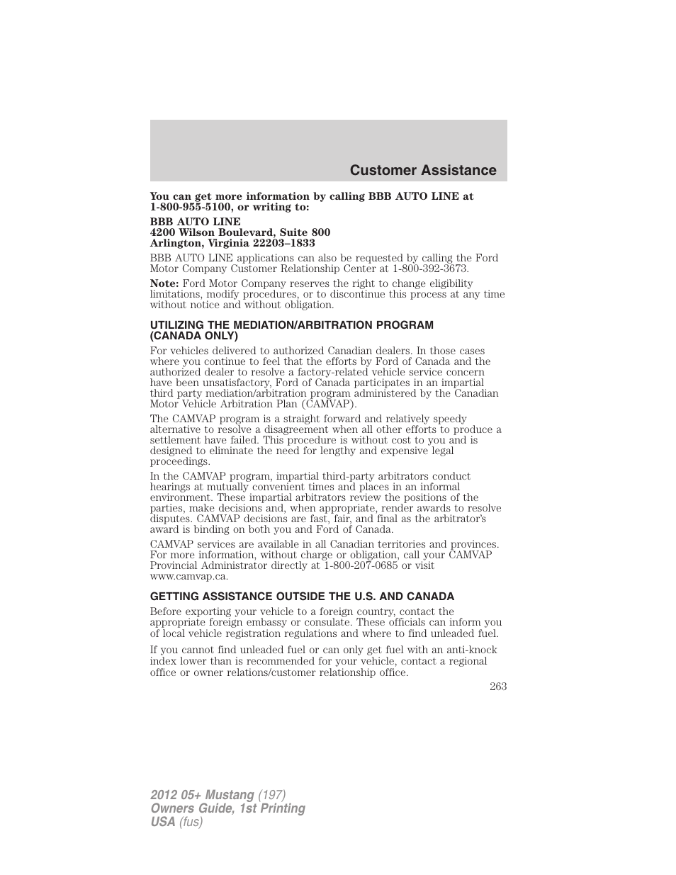Getting assistance outside the u.s. and canada, Customer assistance | FORD 2012 Shelby GT 500 v.1 User Manual | Page 263 / 346