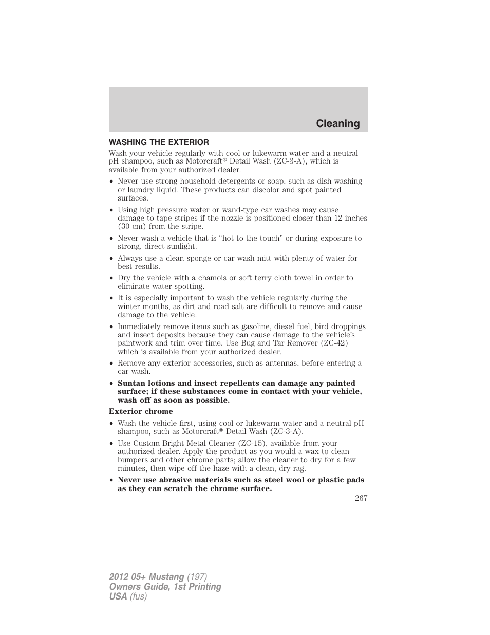 Cleaning, Washing the exterior | FORD 2012 Shelby GT 500 v.1 User Manual | Page 267 / 346