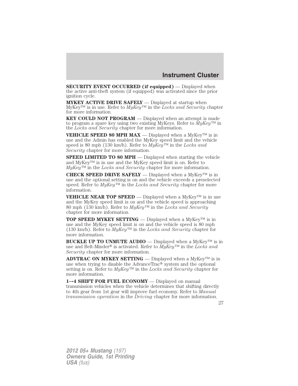 Instrument cluster | FORD 2012 Shelby GT 500 v.1 User Manual | Page 27 / 346