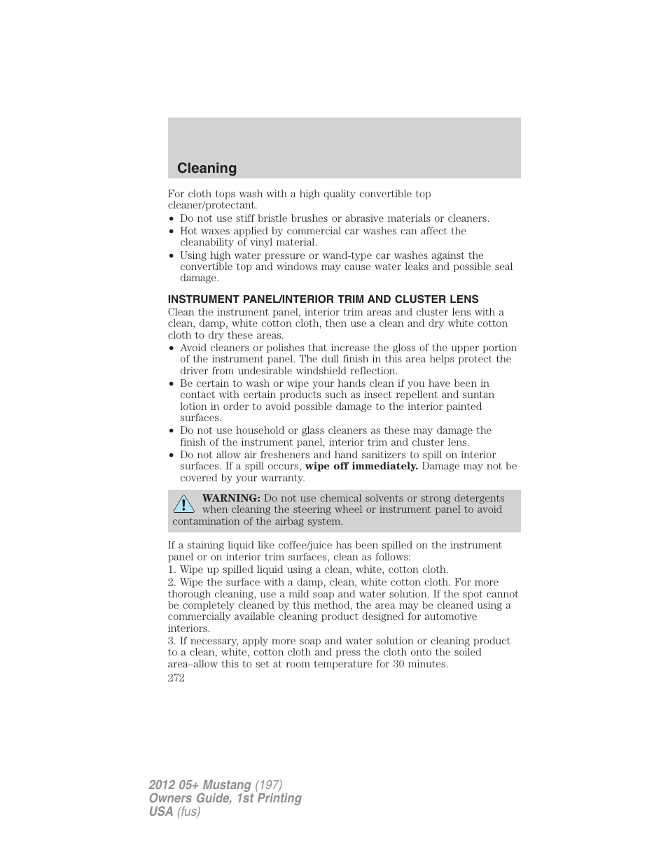 Instrument panel/interior trim and cluster lens, Cleaning | FORD 2012 Shelby GT 500 v.1 User Manual | Page 272 / 346