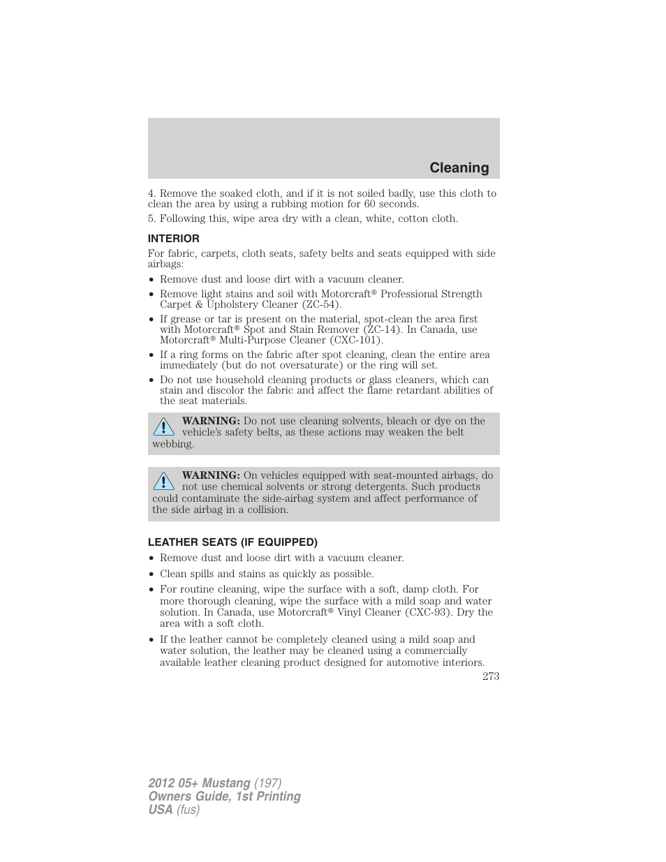 Interior, Leather seats (if equipped), Cleaning | FORD 2012 Shelby GT 500 v.1 User Manual | Page 273 / 346