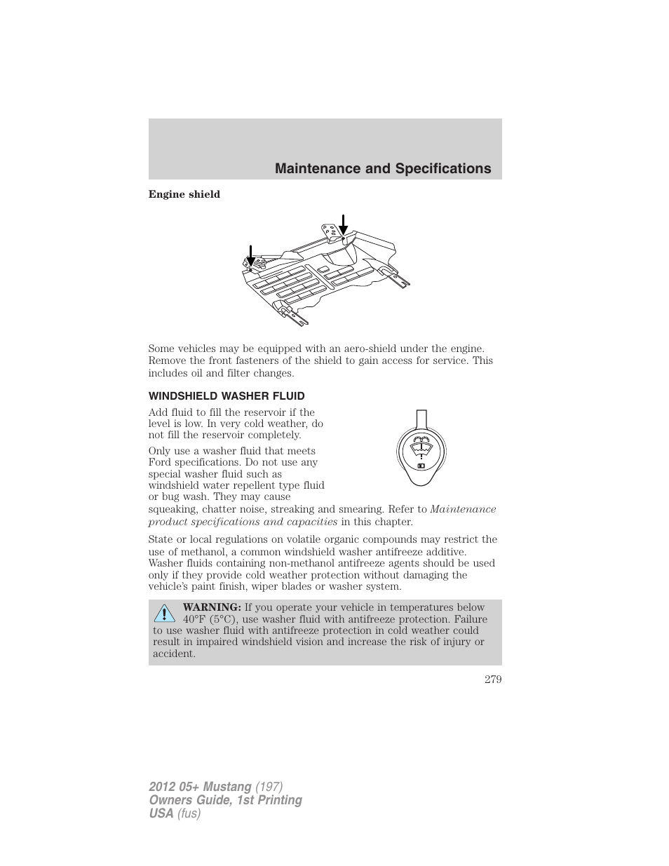 Windshield washer fluid, Maintenance and specifications | FORD 2012 Shelby GT 500 v.1 User Manual | Page 279 / 346