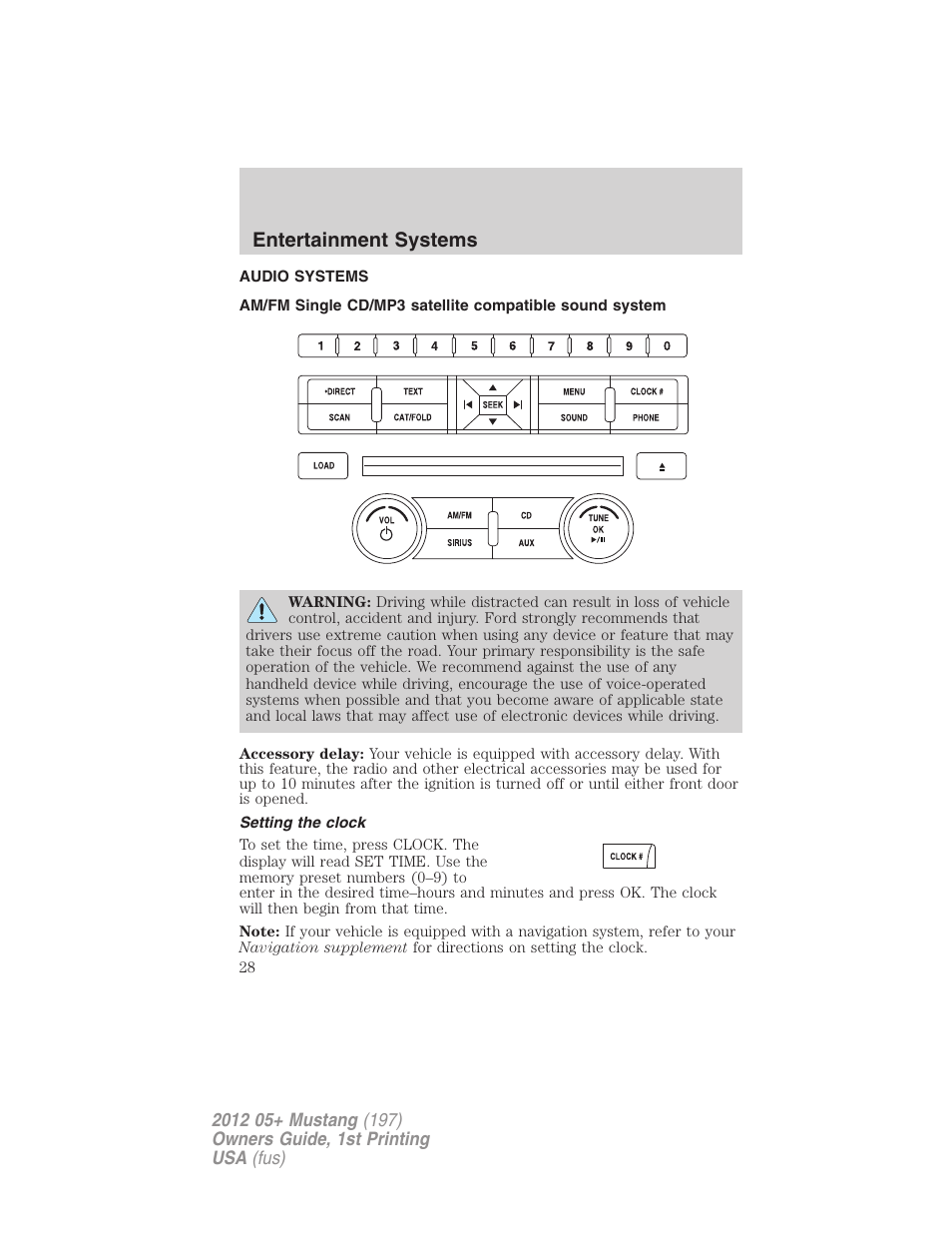 Entertainment systems, Audio systems, Setting the clock | FORD 2012 Shelby GT 500 v.1 User Manual | Page 28 / 346