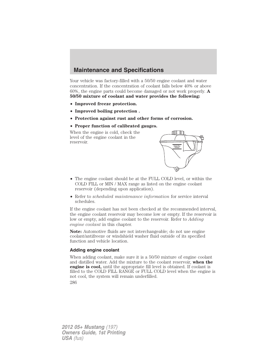 Adding engine coolant, Maintenance and specifications | FORD 2012 Shelby GT 500 v.1 User Manual | Page 286 / 346