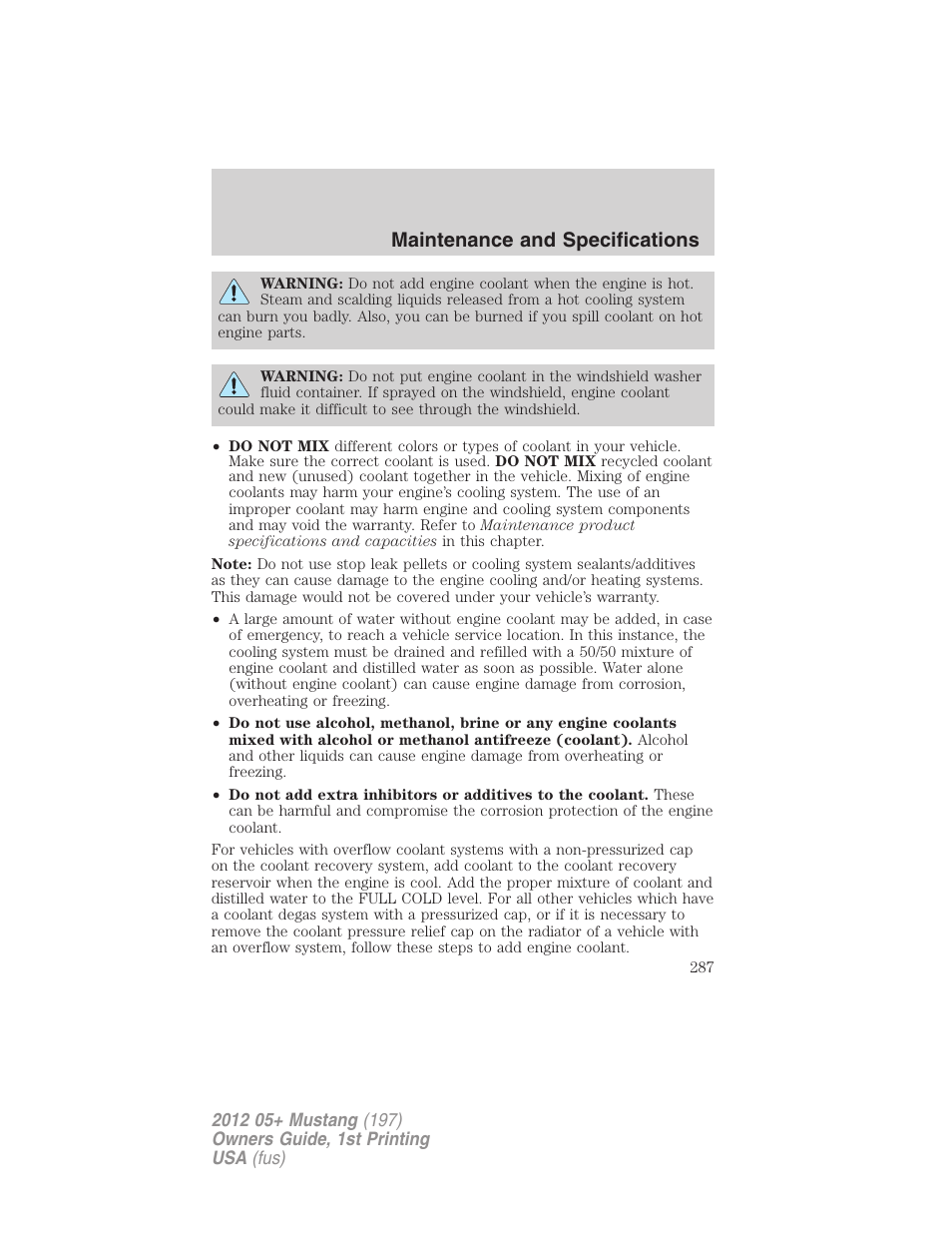 Maintenance and specifications | FORD 2012 Shelby GT 500 v.1 User Manual | Page 287 / 346