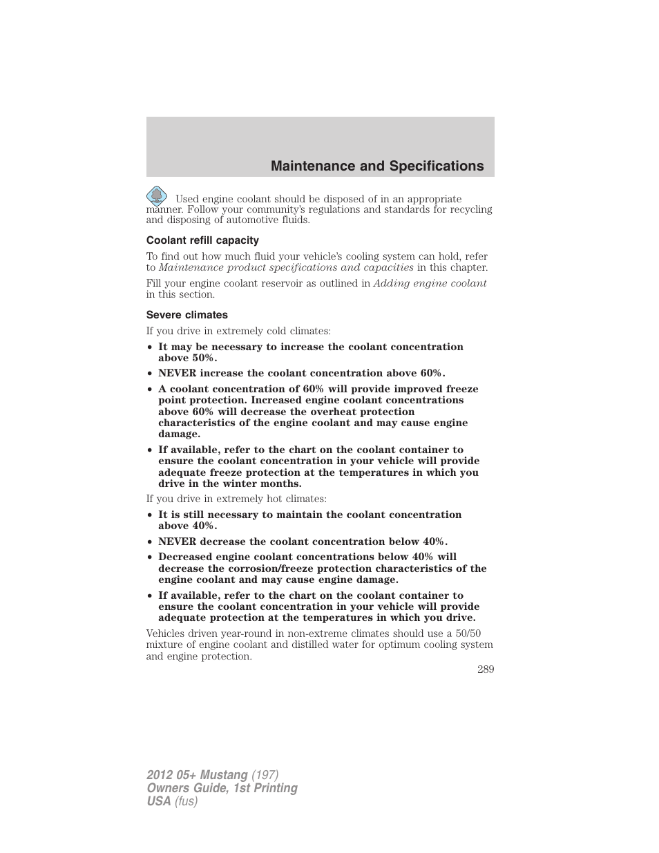 Coolant refill capacity, Severe climates, Maintenance and specifications | FORD 2012 Shelby GT 500 v.1 User Manual | Page 289 / 346