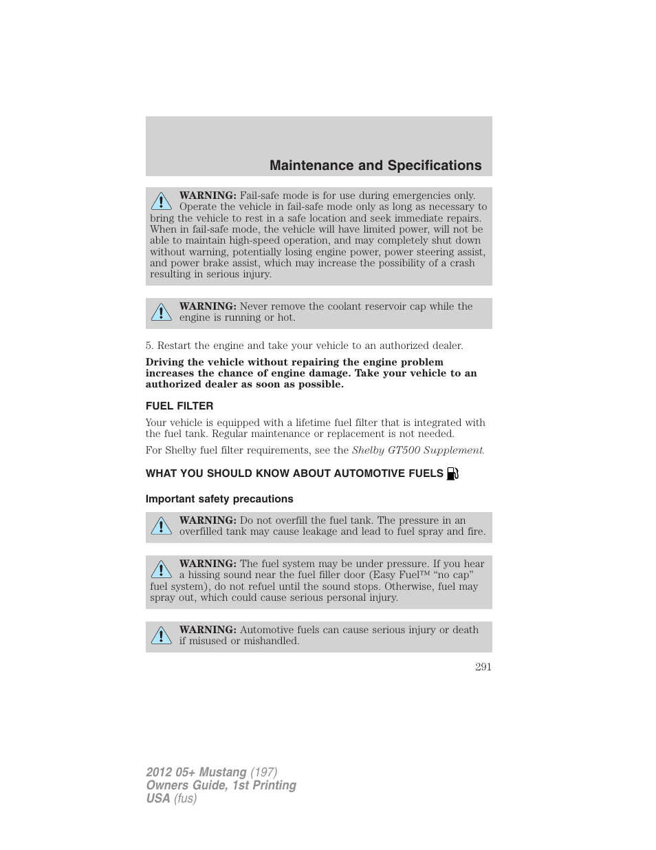 Fuel filter, What you should know about automotive fuels, Important safety precautions | Fuel information, Maintenance and specifications | FORD 2012 Shelby GT 500 v.1 User Manual | Page 291 / 346