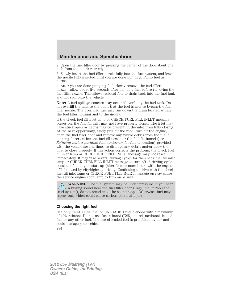 Choosing the right fuel, Maintenance and specifications | FORD 2012 Shelby GT 500 v.1 User Manual | Page 294 / 346