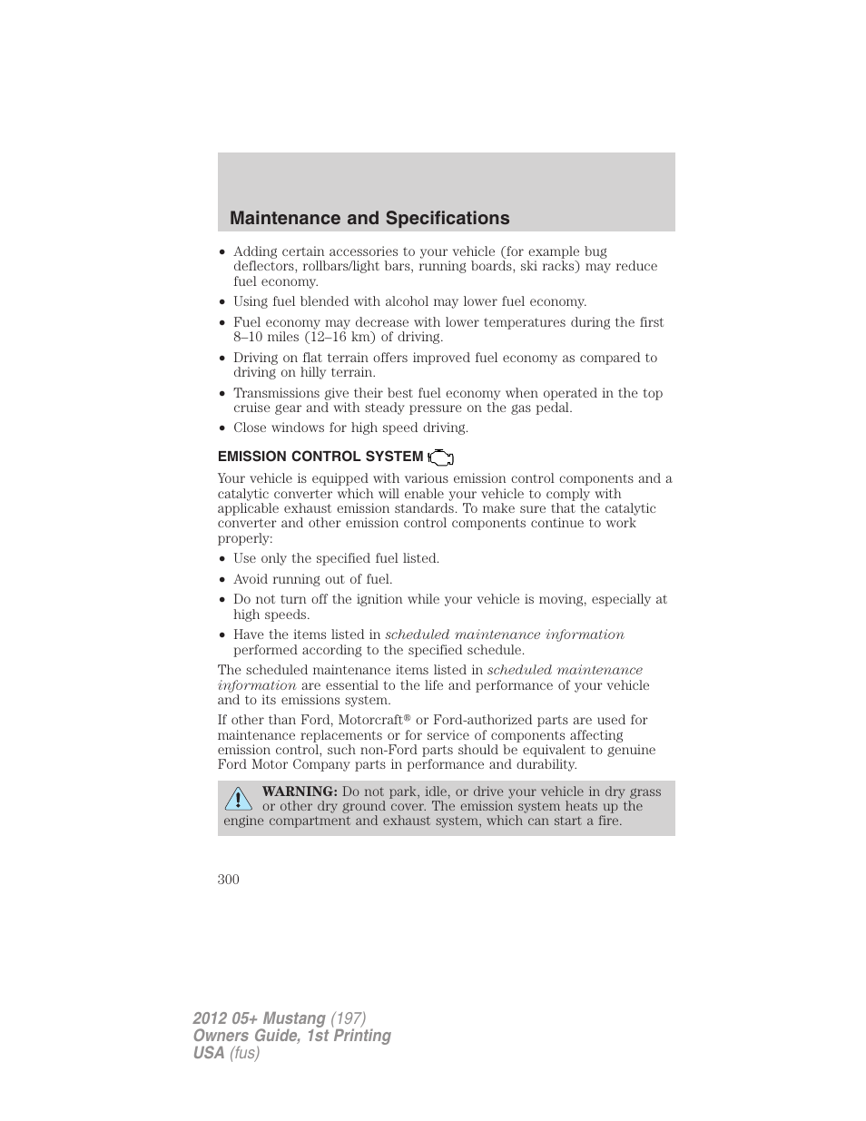Emission control system, Maintenance and specifications | FORD 2012 Shelby GT 500 v.1 User Manual | Page 300 / 346