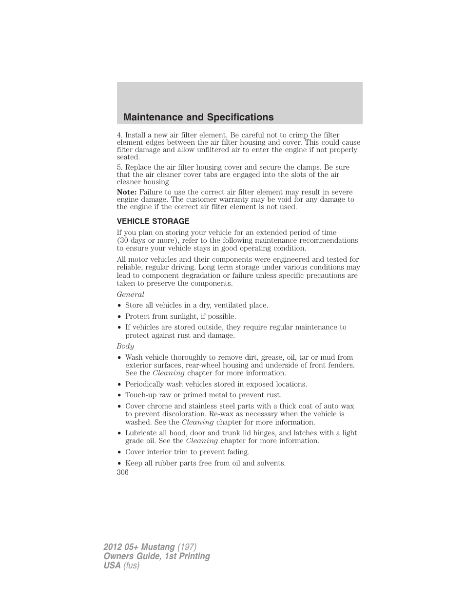 Vehicle storage, Maintenance and specifications | FORD 2012 Shelby GT 500 v.1 User Manual | Page 306 / 346