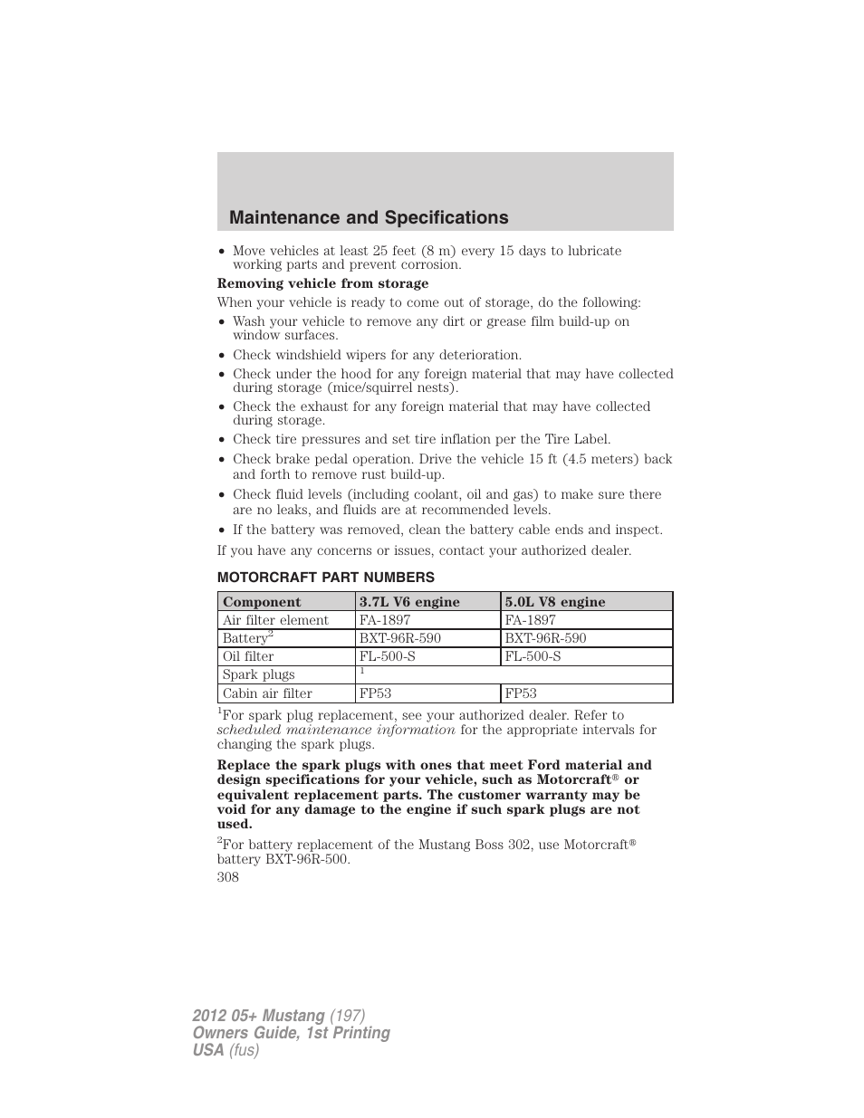Motorcraft part numbers, Part numbers, Maintenance and specifications | FORD 2012 Shelby GT 500 v.1 User Manual | Page 308 / 346