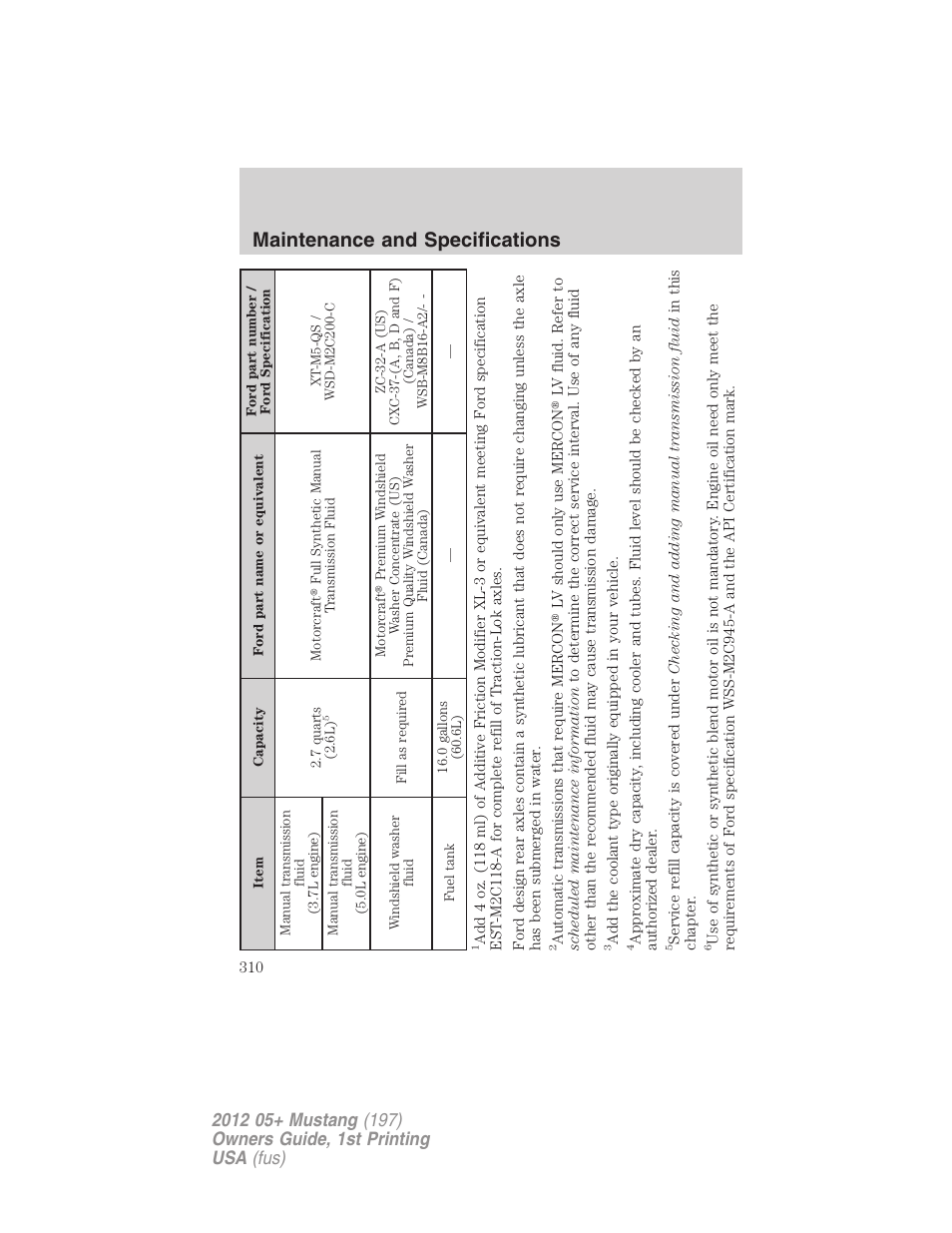 Maintenance and specifications | FORD 2012 Shelby GT 500 v.1 User Manual | Page 310 / 346