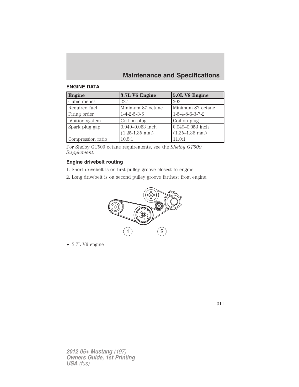 Engine data, Engine drivebelt routing, Maintenance and specifications | FORD 2012 Shelby GT 500 v.1 User Manual | Page 311 / 346